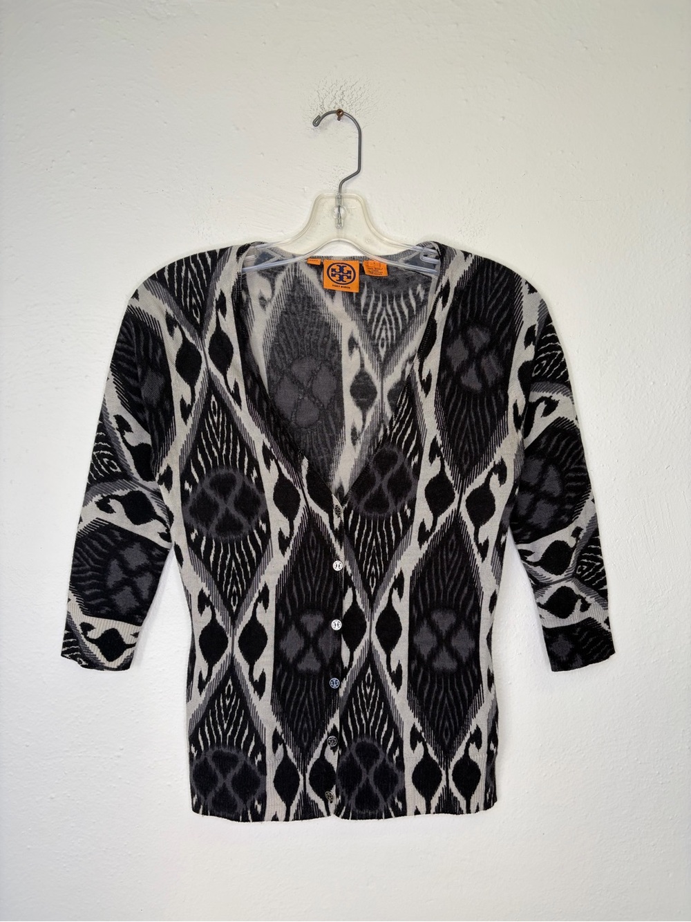 Tory Burch Black and White Geometric Knit Cardigan